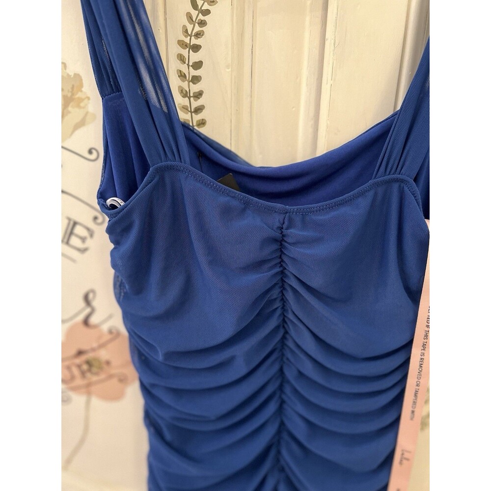 Lulus Amazing Presence Maxi Dress Blue Mesh Ruched Column Size M NWT - Picture 7 of 9